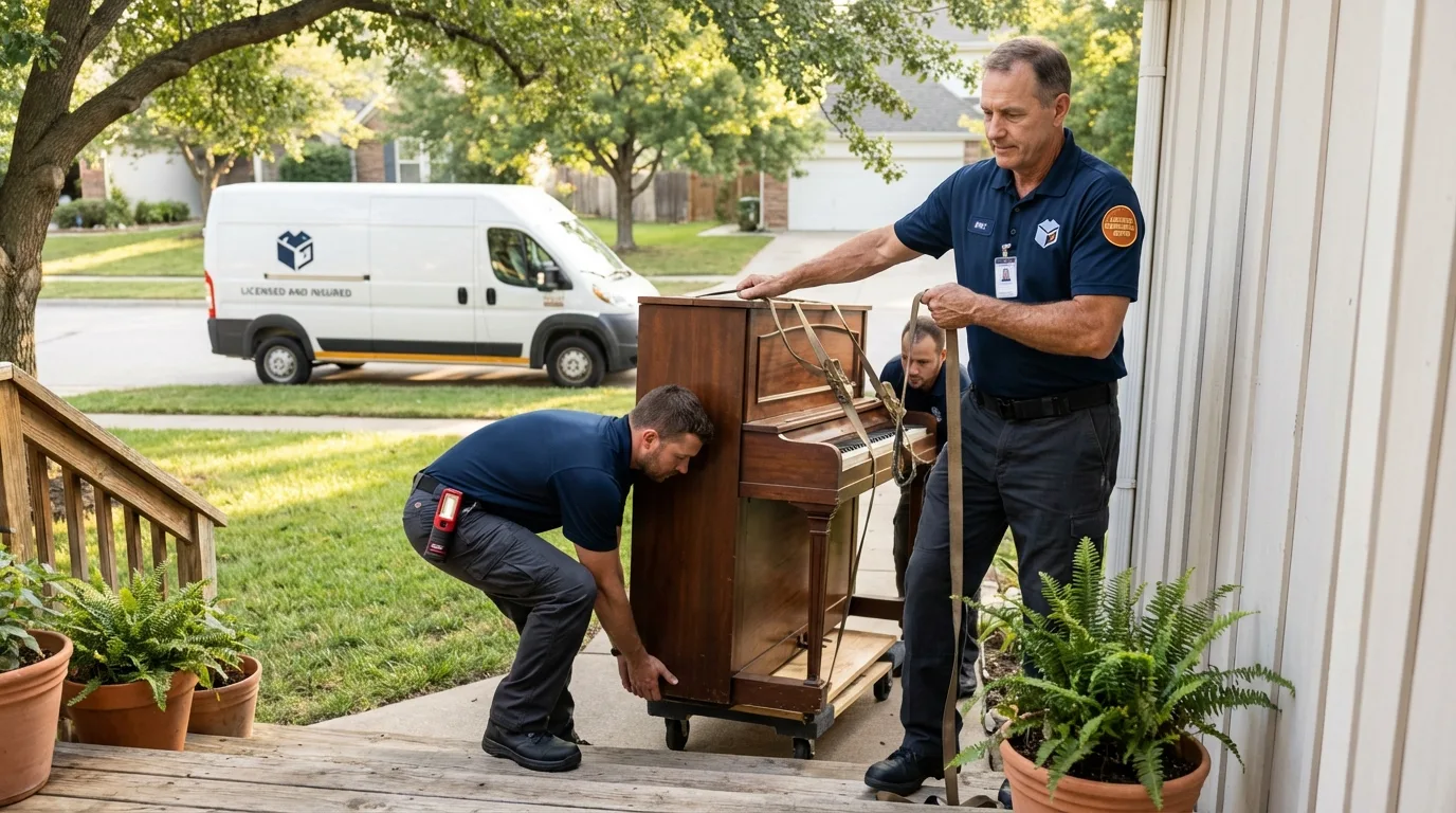 Licensed piano movers securing grand piano in Cornwall, NY