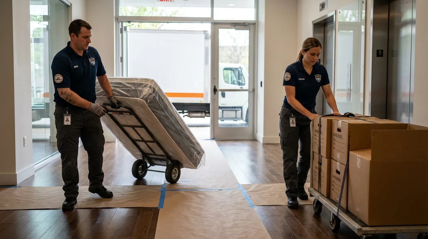 Professional apartment movers loading elevator in Cornwall, NY